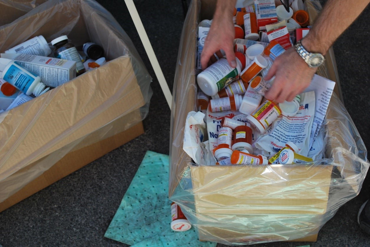 Boxes of disposed of pill bottles